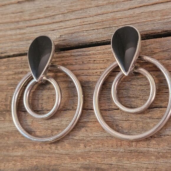 Vintage Sterling Onyx Double Hoop Earrings - Picture 4 of 7